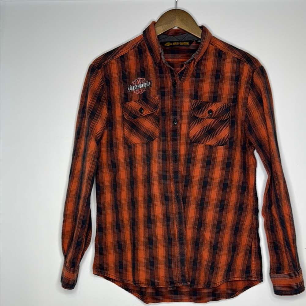 Harley-Davidson Orange and Black Plaid Button Down Shirt